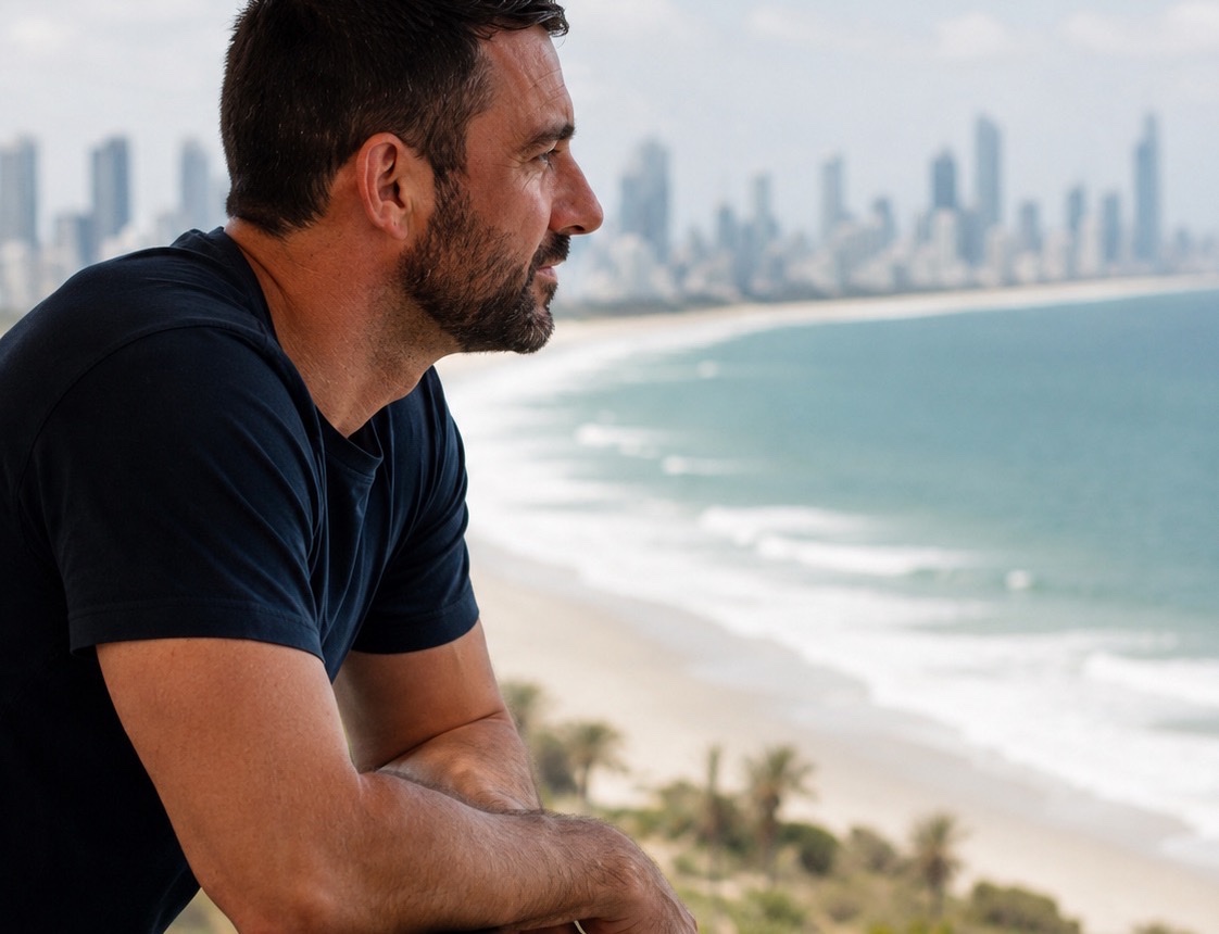 The Gold Coast coastline, looking along the beach to the Surfers Paradise skyline
